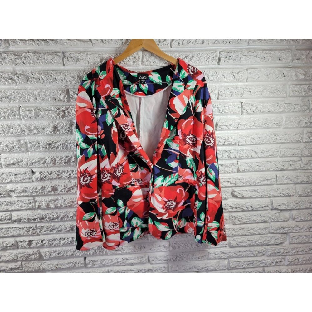 Simply Emma Womens Jacket 2X Red Floral Nylon Knit Button Short Coat SWE155E